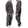 Detail of grey hoodie set featuring vibrant orange zipper and tactical cargo pockets - S / Dark Gray