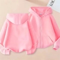 Front and back view of a pink zip-up hoodie featuring a drawstring hood and ribbed cuffs - 100cm / Pink