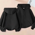 Front and back view of a minimalist black zip-up hoodie featuring a spacious hood and rib cuffs - 100cm / Black