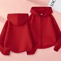 Flat lay of red oversized zip-up hoodie showing front and back views on pink background - 100cm / Red