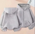 Detailed front and back views of gray zip-up hoodie featuring knit cotton texture - Light Gray