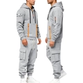 Men's grey hooded tracksuit set featuring cargo pants and orange zipper details - S / Light Gray