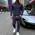 Men's navy casual suit with 1/4 zipper sweatshirt and joggers featuring cable knit texture - Navy Blue