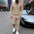 Men's knitted two-piece beige leisure suit with quarter-zip top and drawstring joggers - Khaki