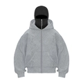 Detail of grey zip-up hoodie featuring a built-in black balaclava mask and thick texture - Light Gray