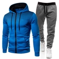 Men's royal blue hooded tracksuit set with black gradient jacket and grey sweatpants - Blue + Dark Gray Pants