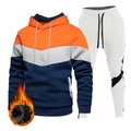 Heren sportset met 3-kleuren patchwork hoodie en warme zwarte fleece binnenvoering - M / Oranje + Wit