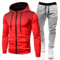 Detail of red hooded zipper jacket with gradient dot pattern and grey sports joggers - Red + Light Gray Pants