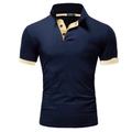 Navy blue men's short-sleeve polo shirt with beige contrast collar and slim fit cut - Navy (Yellow Trim)
