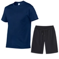 Detailansicht von marineblauem Baumwoll-T-Shirt und schwarzen Shorts mit Kordelzug im Set - S / Marineblau