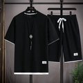 Completo estivo da uomo in maglia a nido d'ape nero con t-shirt e pantaloncini bordati bianco - Taglia M / Top E Pantaloni / Nero