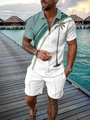 Men's summer polo set featuring white and green gradient tropical coconut tree prints - White