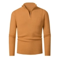 Detailed view of ginger yellow quarter-zip sweater with unique wave knit texture patterns - Orange Red