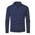 Detail of 1/4 zip collar and textured wave knit pattern on navy blue men sweater - Navy Blue
