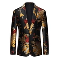 Men's slim fit suit jacket with elegant gold and red floral patterns and notch lapel - L / Black Floral