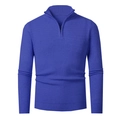 Detailed view of the royal blue knitted texture and zip collar on a slim sweater - Blue