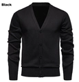 Detail of men's black knit cardigan featuring a V-neck and classic button-down closure - M / Tops / Black