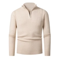 Men's slim fit quarter-zip knit sweater in beige with ripple textured pattern - M / Tops / Off White