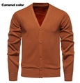 Detailed view of caramel men's cardigan with V-neck, ribbed cuffs and warm fleece lining - Caramel color