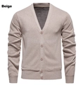 Close-up of beige men's V-neck cardigan showing ribbed cuffs and knit texture - M / Tops / Off White