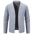 Close-up of fine knit texture and ribbed cuffs on men's gray V-neck cardigan - M / Tops / Light Gray