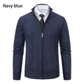 Detail of navy blue men's zip-up cardigan with vertical diamond knit texture and ribbed cuffs - M / Tops / Navy Blue