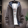 Men's thick zip-up hooded knit cardigan with warm fleece lining in mixed brown and beige - Coffee