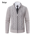 Detail of men's beige knitted cardigan featuring textured geometric patterns and zip collar - M / Tops / Off White