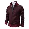 Men's slim fit red and black plaid knit jacket with a stand collar and full zip closure - M / Tops / Burgundy