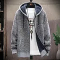 Men's thick thermal knit cardigan with gray waffle knit exterior and fleece lining - M / Light Gray