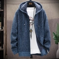 Men's thick knit hooded cardigan with fleece lining in navy blue mixed color - M / Blue