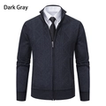 Detail of dark gray cardigan showing geometric diamond knit pattern and stand collar - Dark Gray