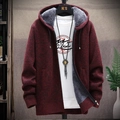 Men's thick fleece-lined hooded knit cardigan in burgundy and black blend texture - M / Burgundy