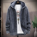 Men's thick fleece-lined grey knit hoodie jacket with premium zipper closure - M / Dark Gray