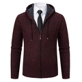 Men's hooded knit sweater in dark red marl with thick gray fleece lining and zipper - M / Burgundy
