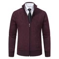 Men's burgundy thick cardigan sweater with geometric diamond knit pattern and stand collar - M / Tops / Red