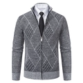 Men's slim fit zip-up cardigan with grey argyle pattern and stand collar knitwear - M / Light Gray