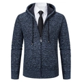 Men's navy knitted hooded cardigan with warm fleece lining and full zipper closure - Blue Gray
