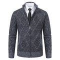 Men's slim fit knit cardigan in dark grey argyle pattern with full zipper and stand collar - M / Dark Gray
