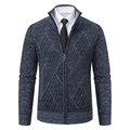 Men's slim fit navy knit cardigan with diamond pattern and ribbed standing collar - M / Blue