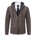 Men's brown knitted hoodie with thick grey fleece lining and a full zipper closure - M / Coffee