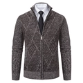 Men's slim fit striped cardigan sweater in brown gray with stand collar and zipper - M / Coffee