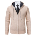 Men's knitted fleece cardigan hoodie in light beige with warm faux lamb wool lining - M / Beige