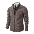 Men's brown cable knit cardigan with stand collar and full zipper closure in soft texture - Coffee