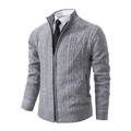 Detail of men's cable knit grey cardigan with stand collar and textured zip-up fabric - M / Tops / Light Gray