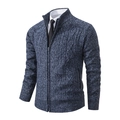 Men's navy blue cable knit zip cardigan with a stand collar and ribbed cuffs design - Blue