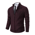 Men's wine red cable knit cardigan sweater with stand collar and zipper closure - M / Tops / Burgundy