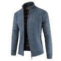 Men's blue and grey thick knit cardigan with warm plaid lining and ribbed collar - M / Tops / Blue