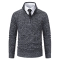 Detail of grey marl knit sweater showing half-zip stand collar and textured fabric weave - M / Dark Gray