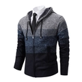Detail of men's hooded knit cardigan with gradient blue stripes and zip-up front - Light Gray